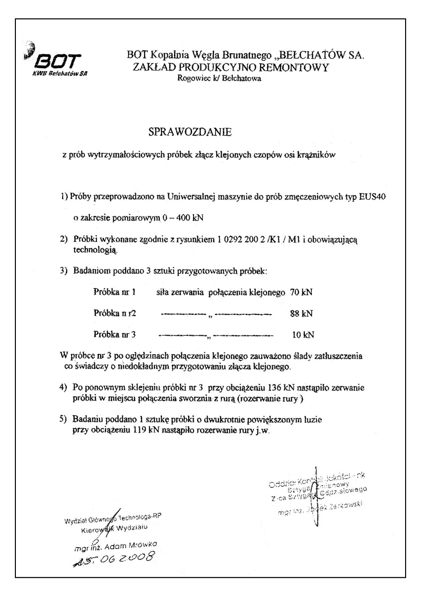 Próba wytrzymałościowa złącza